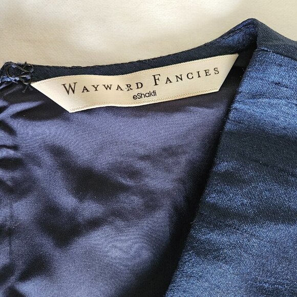 Wayward Fancies eShakti L Floral Embroidery Dupioni Midi Empire Indigo Dress - Picture 6 of 16